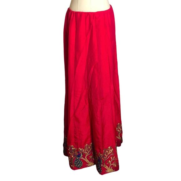Bollywood Boho Maxi Lehenga Skirt Fuchsia Pink Gold Embroidered Peacocks - Picture 2 of 10